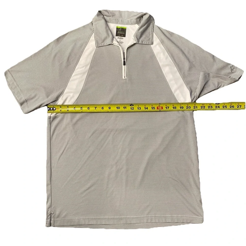 Greg Norman Men's Golf Polo Large Grey White Striped Shark Tasso Elba Play-Dry - Picture 5 of 9
